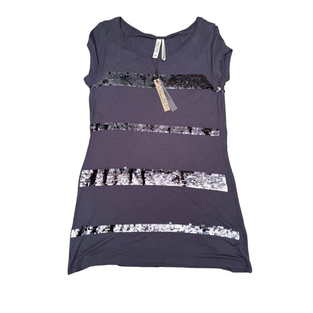 Kirsche Mermaid Sequin Stipe Purple Gray Stripe Short Sleeve Shirt XS NWT